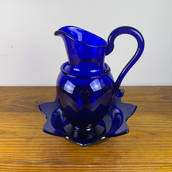 Vintage Cobalt Blue Glass Pitcher & Ruffled Bowl Set | Hand Blown Art Glass - Picture 13 of 16